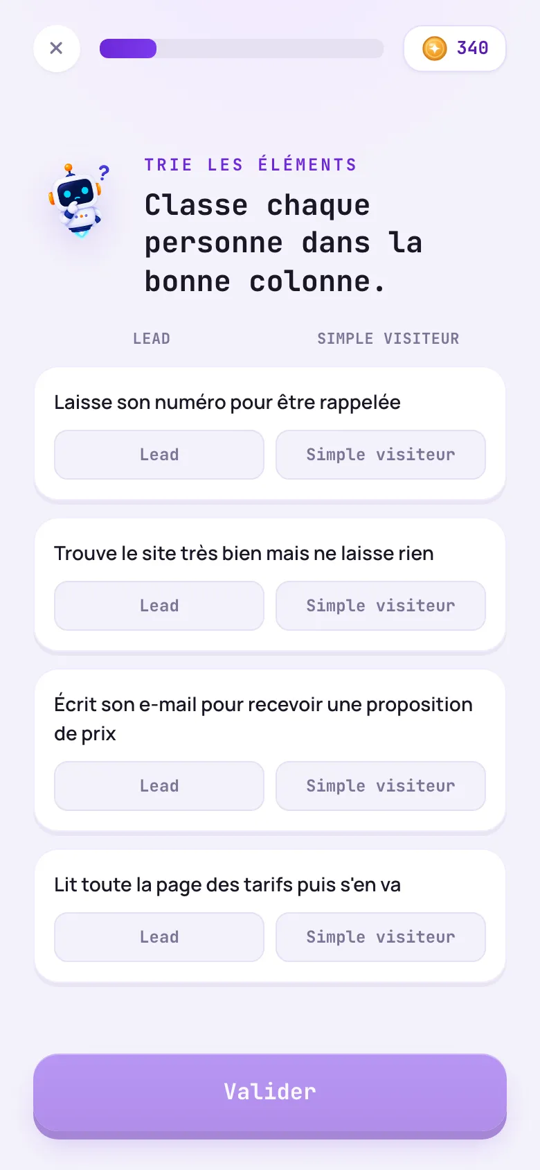 Une question du parcours Générer et vendre des leads