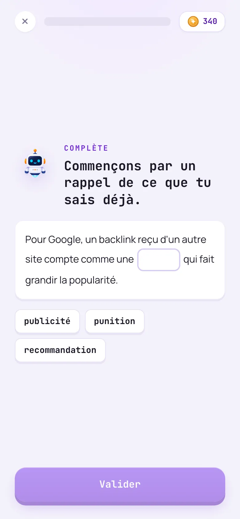 Une question du parcours Vente de liens et partenariats